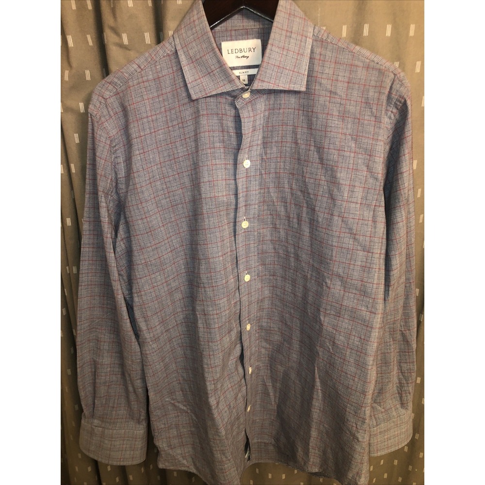 Ledbury Mens Slim Fit Blue&Red Plaid Cotton Long Sleeve Dress Shirt Button Up 16